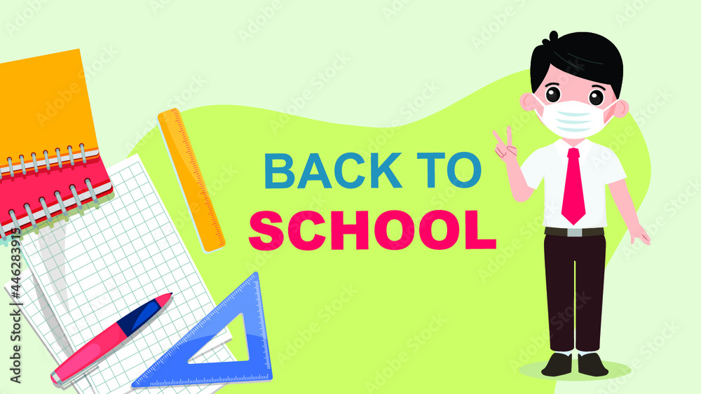 Back to school or school time banner template. Young children characters with books. Composition with notebook