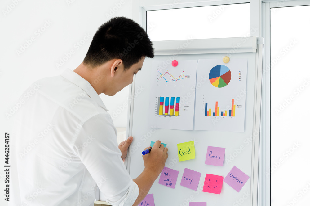 business people reading sticky notes on whiteboard