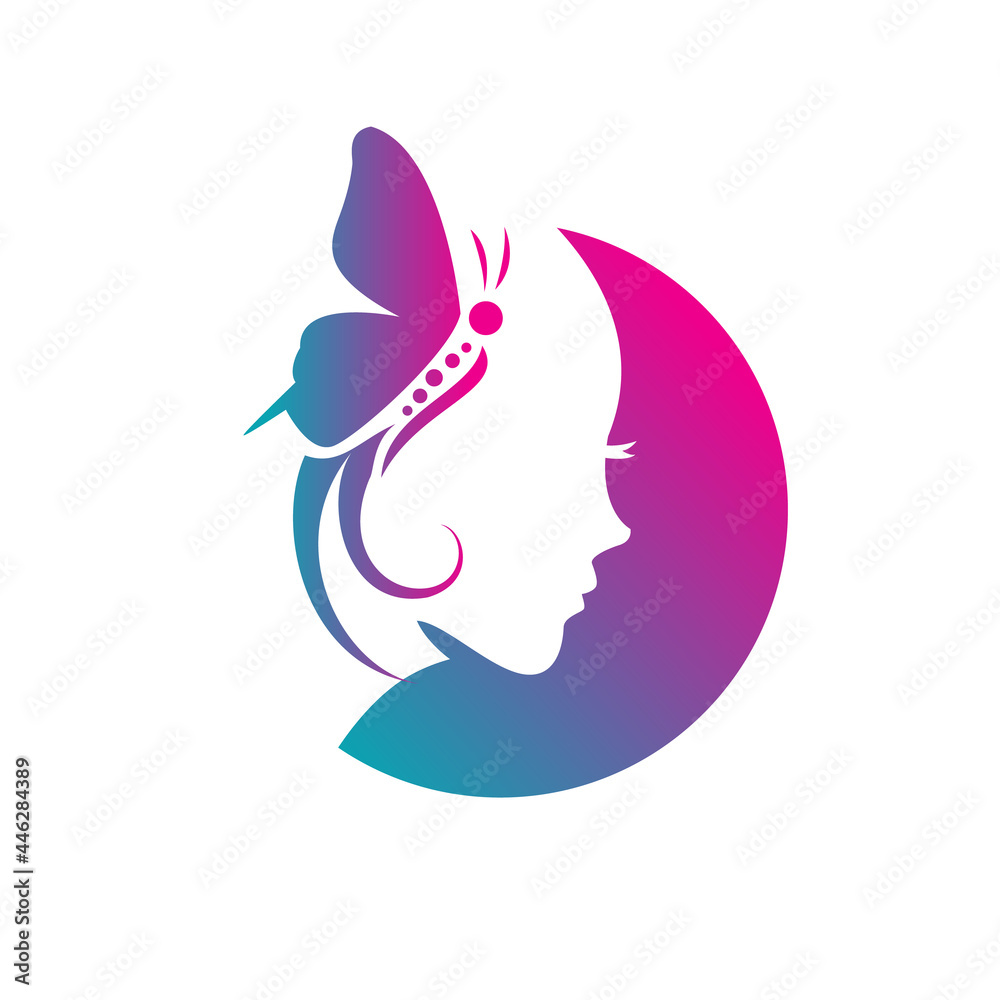 Beauty salon logo with girl face and butterfly on white background cartoon vector illustration Beauty salon logo with girl face and butterfly on white background cartoon vector illustration