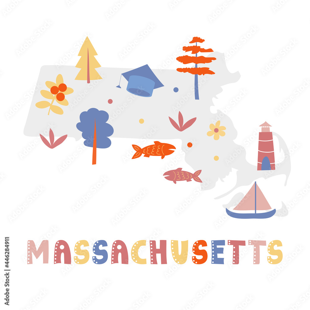USA map collection. State symbols and nature on gray state silhouette - Massachusetts. Cartoon simple style for print USA map collection. State symbols and nature on gray state silhouette - Massachusetts. Cartoon simple style for print