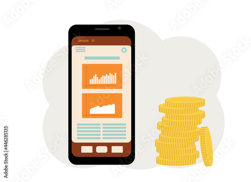 The concept of online gaming on the stock exchange. Phone with graphs and a bunch of coins next to it
