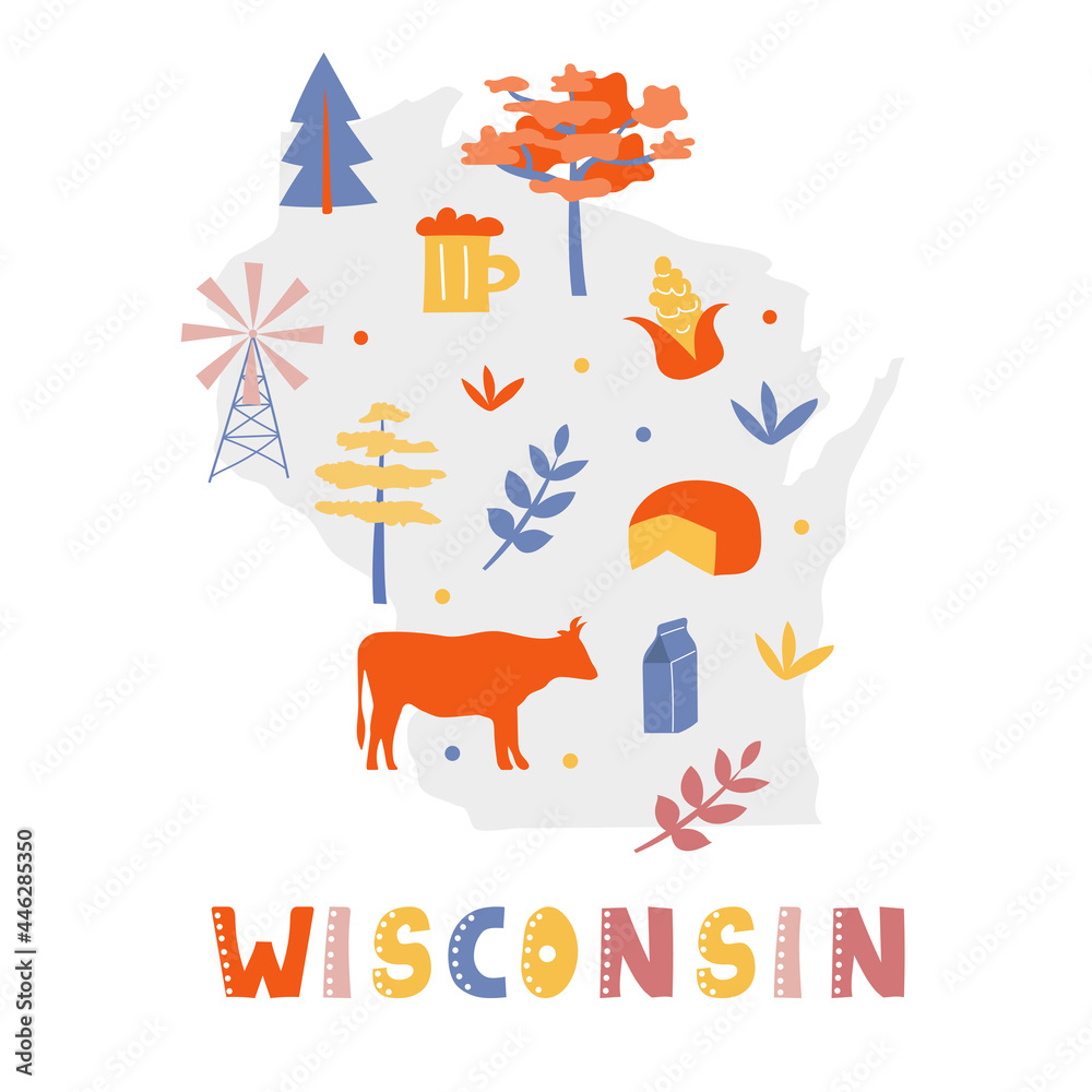 USA map collection. State symbols and nature on gray state silhouette - Wisconsin. Cartoon simple style for print USA map collection. State symbols and nature on gray state silhouette - Wisconsin. Cartoon simple style for print