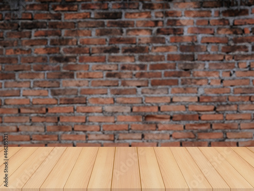 wood table with blurred brick wall background for product display