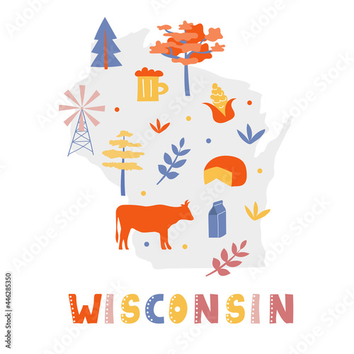 USA map collection. State symbols and nature on gray state silhouette - Wisconsin. Cartoon simple style for print