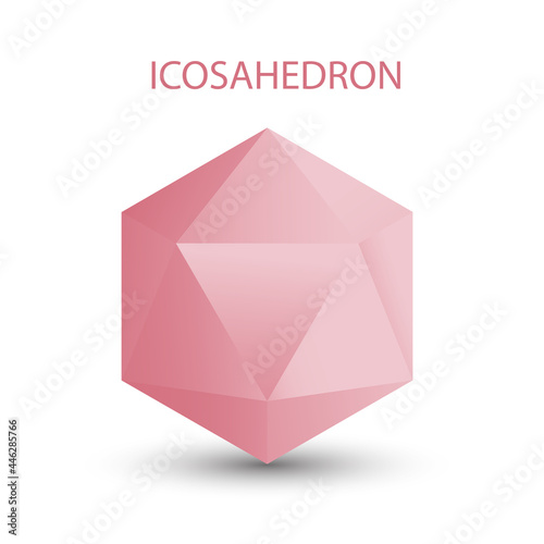 Vector illustration of a pink icosahedron on a white background with a gradient for game, icon, packagingdesign, logo, mobile, ui, web. Platonic solid. Minimalist style.