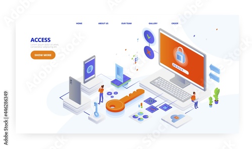 Access, landing page design, website banner vector template. Secure password login information to access apps, accounts.
