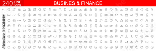 Big set of 240 Business icons. Business and Finance web icons. Vector business and finance editable stroke line icon set with money, bank, check, law, auction, exchance, payment. Vector illustration.