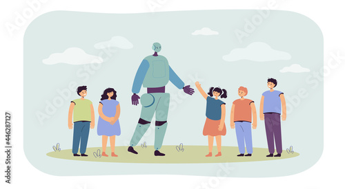 Group of children greeting robot flat vector illustration. Boys and girls amazed by new technology. Artificial intelligence, education concept for banner, website design or landing web page