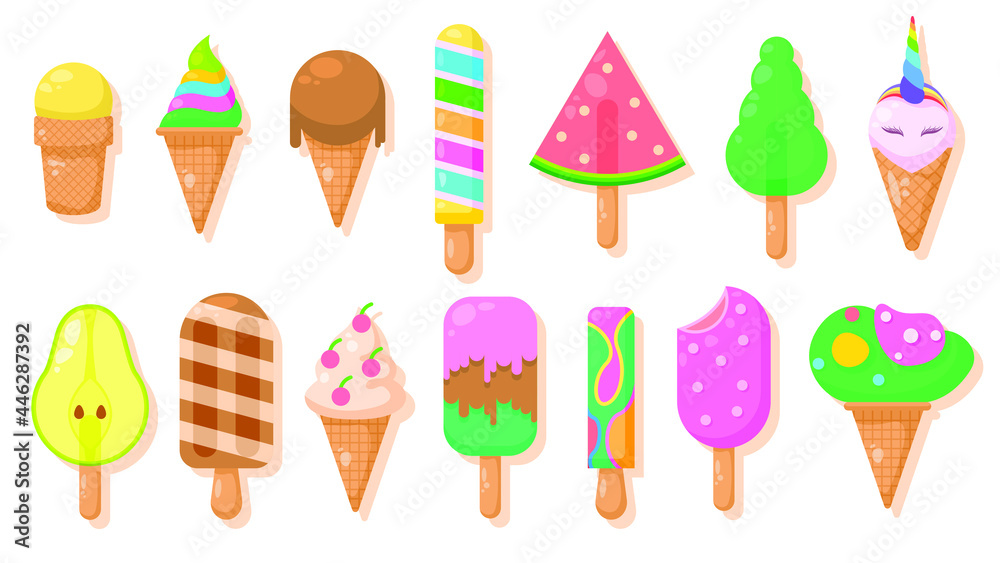 Set Abstract Collection Flat Cartoon Different Color Ice Cream Sweet Food Concept Vector Design Style Elements With Shadows Taste Delicious Set Abstract Collection Flat Cartoon Different Color Ice Cream Sweet Food Concept Vector Design Style Elements With Shadows Taste Delicious