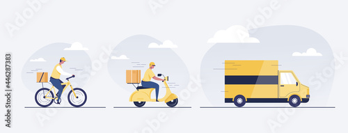 Online delivery service concept. Delivery man, truck, scooter and bike. Delivery man. Vector illustration.