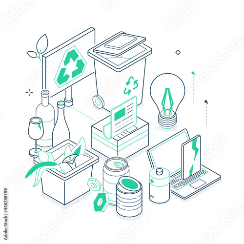 Waste sorting - isometric green and black line illustration