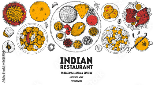 Indian food illustration. Hand drawn sketch. Indian cuisine. Vector illustration. Menu background. Engraved style.