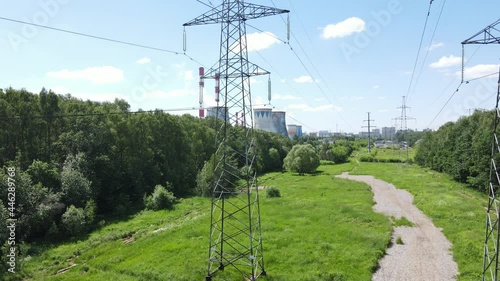 Aerial drone view of high voltage tower and thermal power station