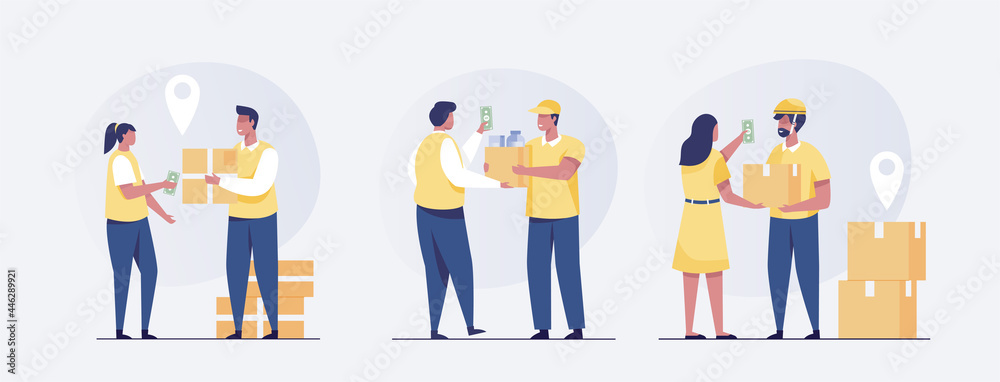 deliveryman concept. set of courier delivering package to customer. Vector illustration deliveryman concept. set of courier delivering package to customer. Vector illustration