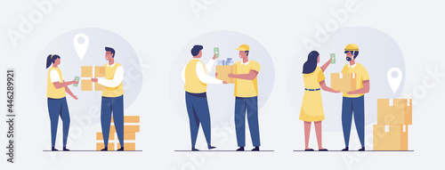 deliveryman concept. set of courier delivering package to customer. Vector illustration