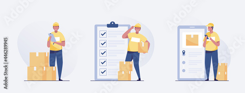 delivery man standing with parcel box and list of parcels. Vector illustration