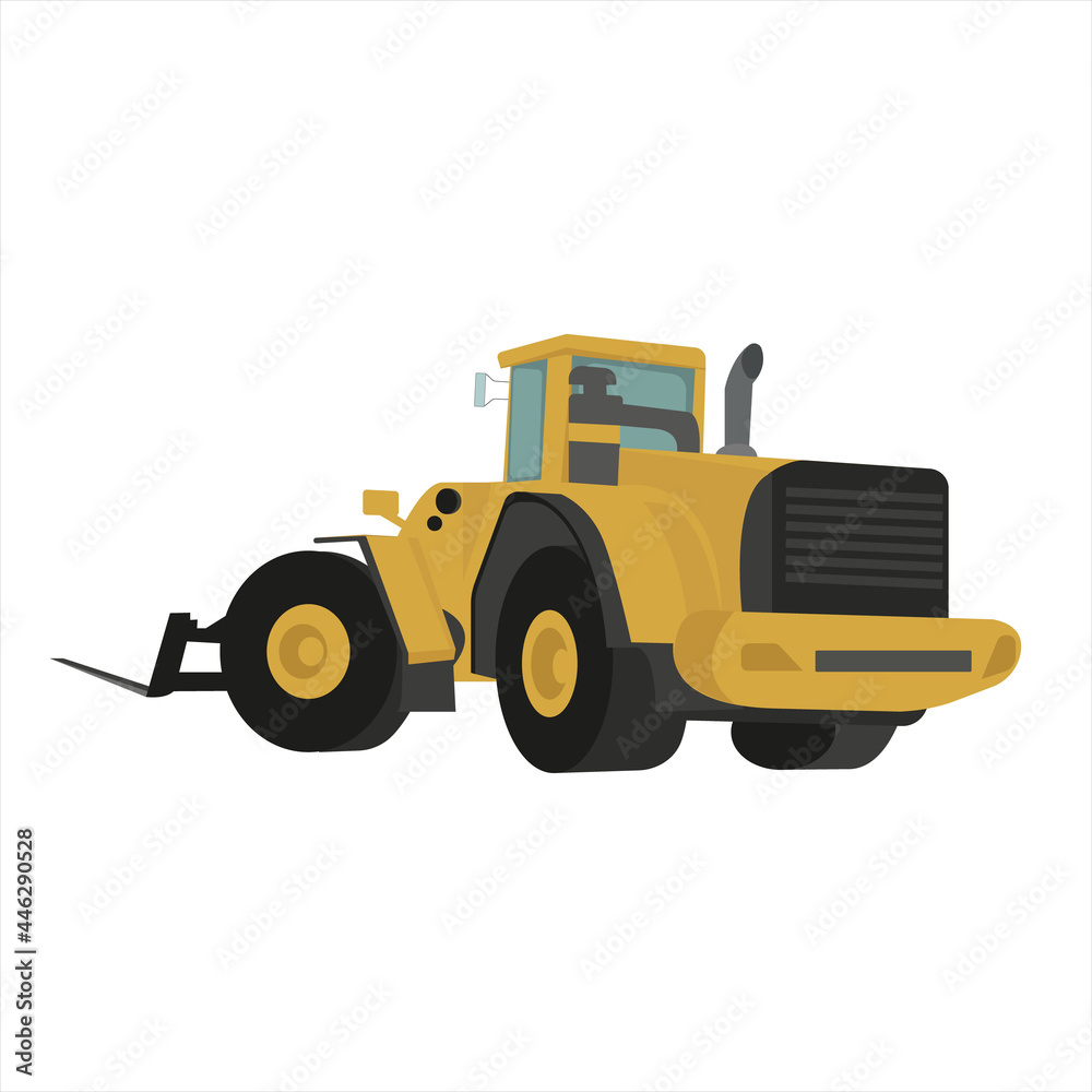 Construction loader. Forklift. Forklift truck yellow color loads the cargo. Cargo delivery, shipping. Stock vector illustration on white isolated background