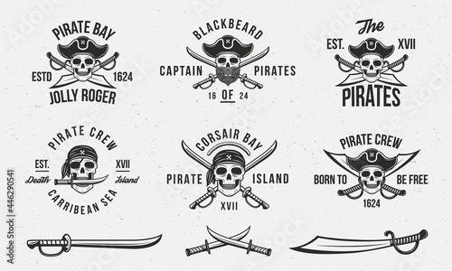 Vintage Pirate skull logo templates and 3 swords. Elements for t-shirt, tattoo, typography design. Pirate, Skull emblems templates. Saber, knife, sword icons. Vector illustration