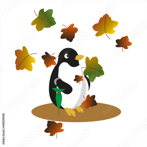 Penguin. Autumn. Leaves are falling. Autumn foliage. Pinguin with a green umbrella.