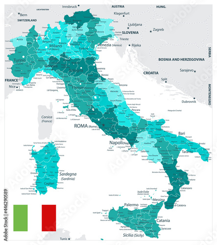 Italy Administrative Divisions Map Teal Colors