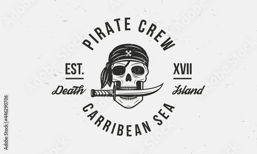 Pirate Corsair vintage logo template. Pirate Crew logo. Skull in pirate bandana with knife in mouth. Print for T-shirt, typography. Pirate emblem isolated on white background. Vector illustration