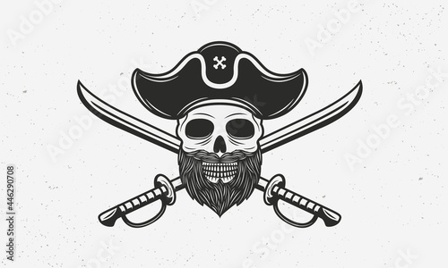 Pirate Captain vintage logo template. Pirate logo. Skull with beard, pirate hat and crossed swords isolated on white background. Print for T-shirt, typography. Vector illustration