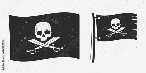 Old pirate flag with Jolly Roger and Grunge texture. Black flag of pirates ship with skull and crossed swords. Logo, poster template. Vector illustration photo