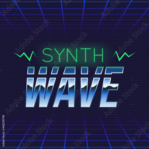 Synthwave retro futuristic logo. Synthwave music logo design. 80's style label. Trendy retro 1980s logo design. Vector Print for T-shirt, typography.