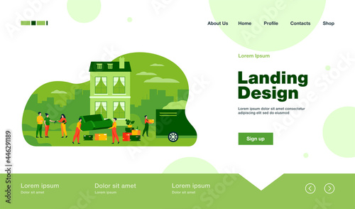 Couple moving out house and giving key to agent. Movers carrying furniture to truck. Vector illustration for relocation, new home, loaders, service concept
