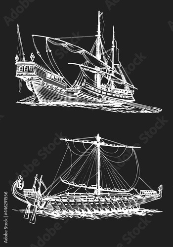 Galley of the ancient Greeks. Wooden sailboat with oars. Graphic hand drawing. Vector