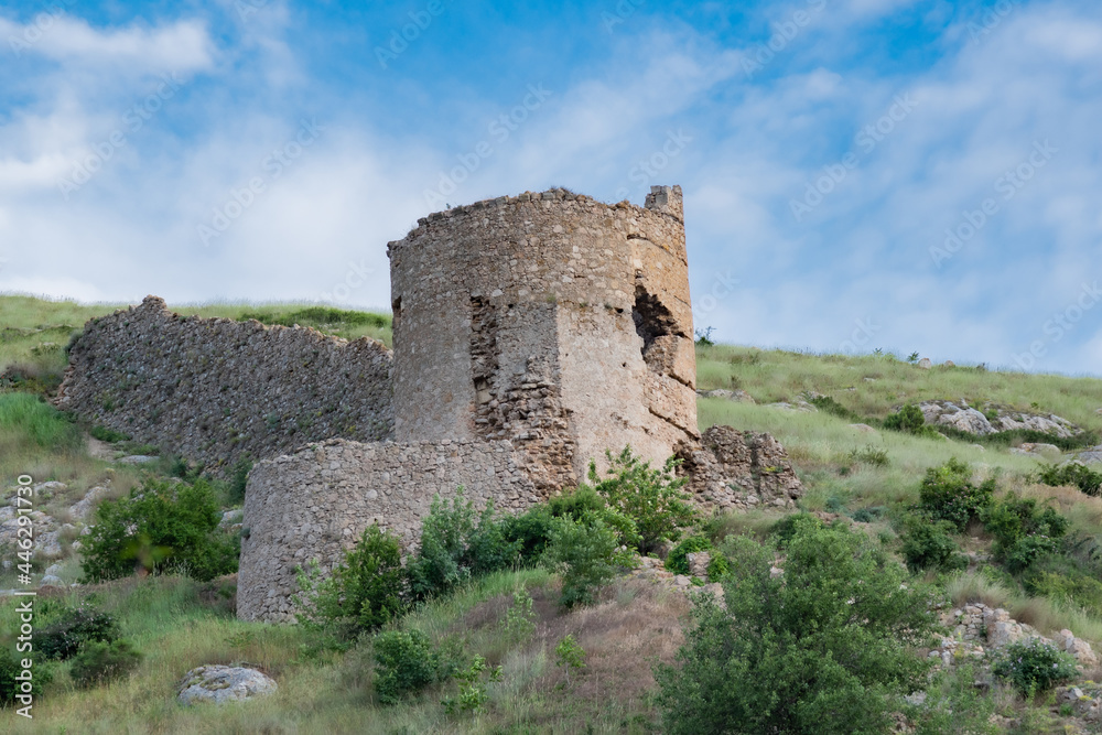 View tower of Chembalo fortress. Medieval architecture monument, landmark. Ruined stone Genoese fortress in Balaklava in  Crimea 