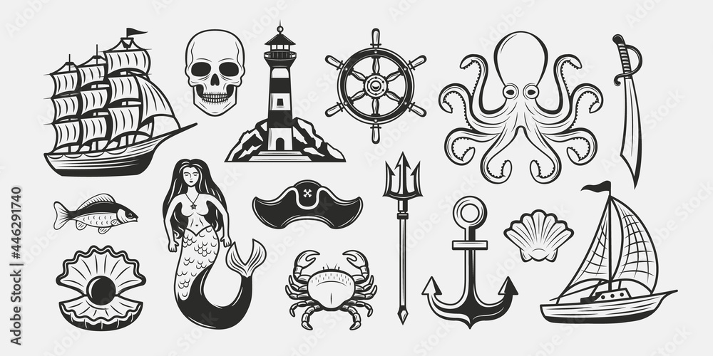 Vintage Collection of 15 Marine elements. Nautical elements. Sea Ship, Sailboat, Lighthouse, mermaid, Octopus, Anchor, Shell pearl, Poseidon's trident. Vector template.
