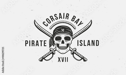 Blackbeard pirate captain. Vintage pirate logo with skull, pirate hat and swords. Print for t-shirt, typography, tattoo. Pirate badge, label, poster, banner. Vector illustration