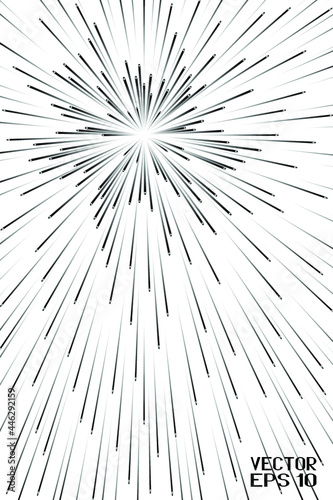 Abstract Black and White Geometric Spatial Pattern. Festive Firework Isolated on Night Background. Illustration of Explosive Starburs with Rays. Vector. 3D Illustration
