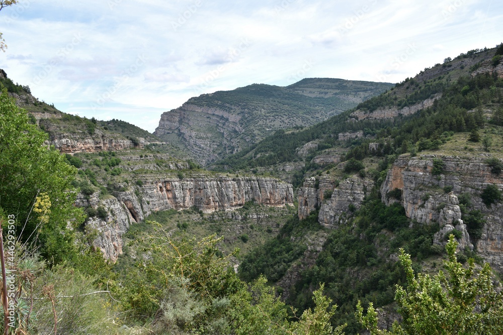 View of the Leza river canyon from its viewpoint. Limestone rock ravine before reaching the village of Soto in Cameros. La Rioja, Spain.