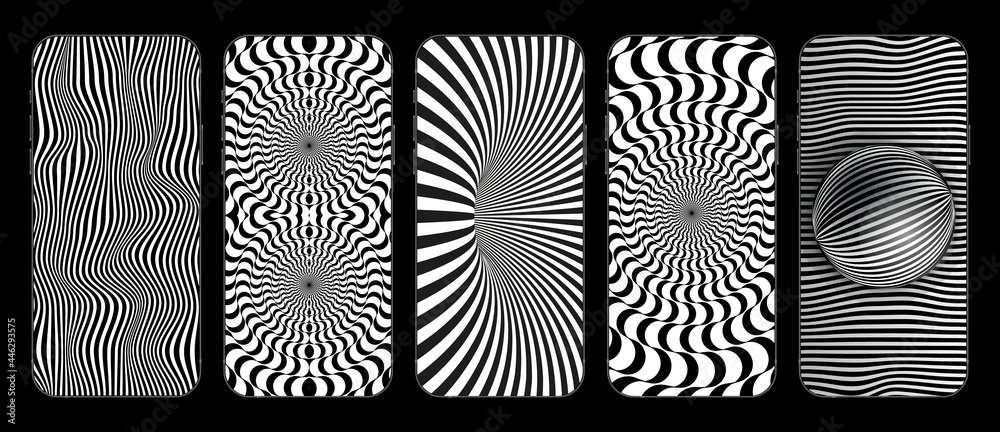 Set of Five Optical Illusions Template for Stories in Social Media. Realistic Background on Smartphone. Vector illustration
