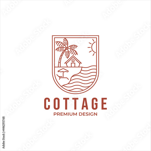 Beach Cottage with Coconut Tree and Beach Chair at Daytime Line Art Logo Design