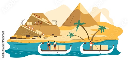Egyptians citizens and slaves building pyramids