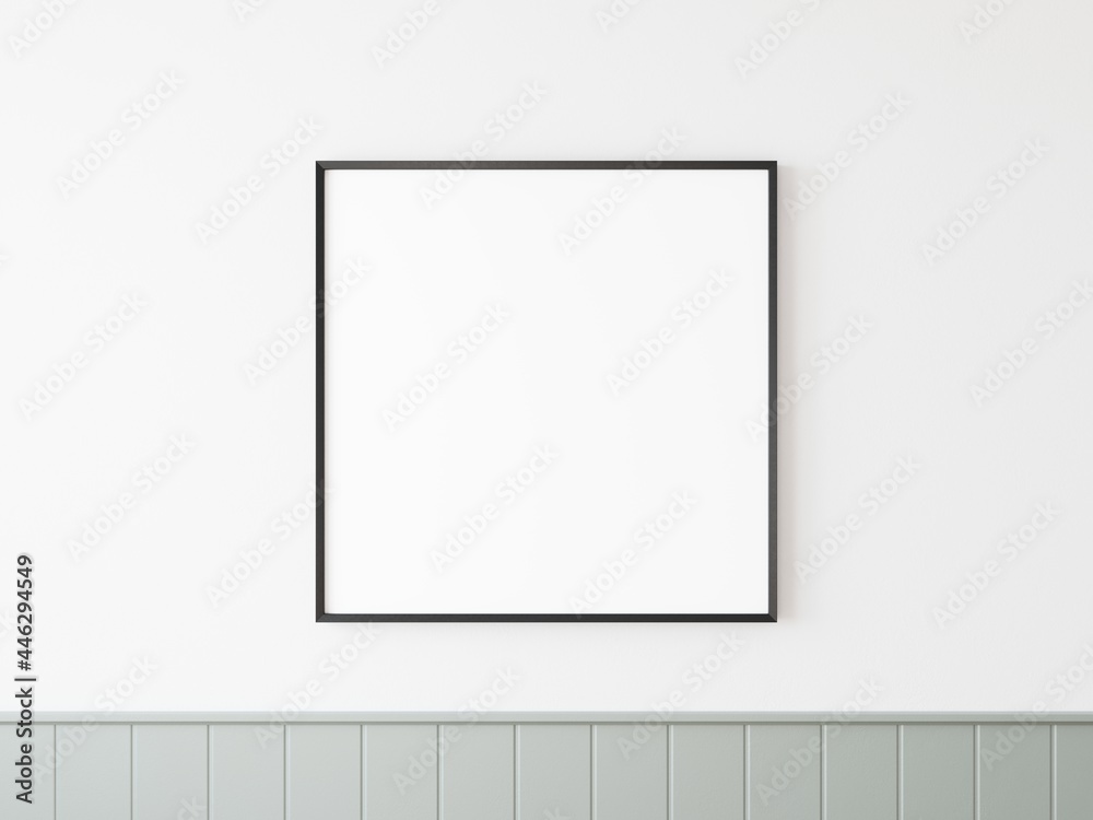 Single empty square black lined picture frame hanging on white wall with grey tiling at bottom side. 3D illustration. Single empty square black lined picture frame hanging on white wall with grey tiling at bottom side. 3D illustration.