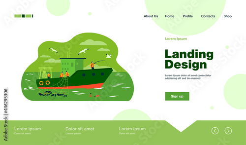 Professional fishermen working in vessel isolated flat vector illustration. Cartoon fishers catching fish and using net in ship. Commercial fishing industry concept