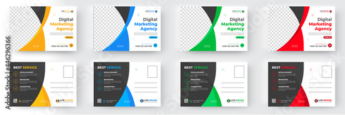 Corporate business postcard template design set with blue, yellow, red and green color. digital marketing agency postcard, business marketing postcard set, vector illustration.