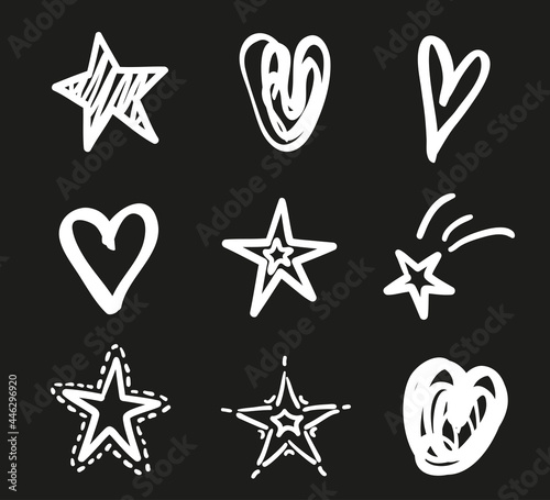 Hand drawn white stars and hearts on isolated black background. Freehand art. Black and white illustration