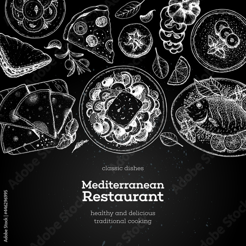 Mediterranean cuisine top view. A set of mediterranean dishes. Food menu design template. Vintage hand drawn sketch. Vector illustration. Food collection.