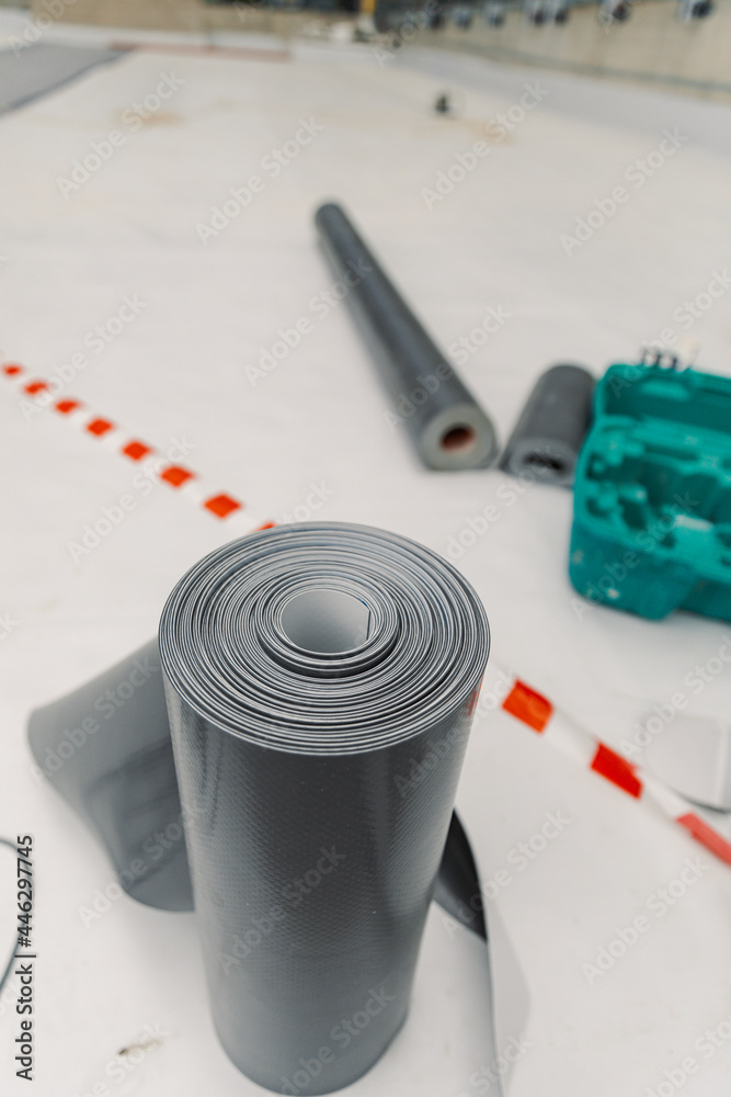 Synthetic PVC membranes for waterproof system. Details with hot air welding and membrane rollers Synthetic PVC membranes for waterproof system. Details with hot air welding and membrane rollers