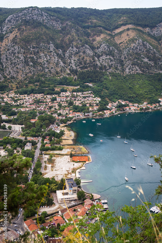 Unrealistically beautiful view of the Bay of Kotor on a beautiful summer day in Montenegro. Very beautiful view of the fjord from above.