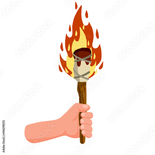 Hands holding torch. Primal fire. Flame on stick. Flat cartoon illustration
