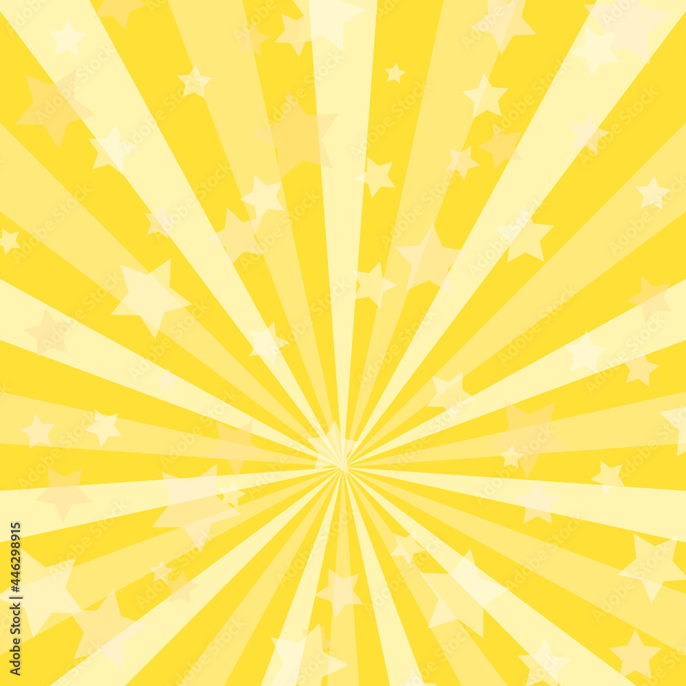 Sunlight background. Golden yellow color burst background with shining stars. Vector illustration.