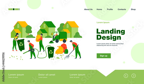 Cleaning workers picking up litter on suburban street, washing road, carrying bag with garbage to trash bin. Vector illustration for cleaner, janitor job, city service concept