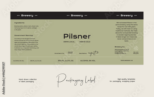 Hand drawn line art food vector packaging label design template. Boho style illustration of elegant signs and badges for cafe, restaurant, food and drinks products.
