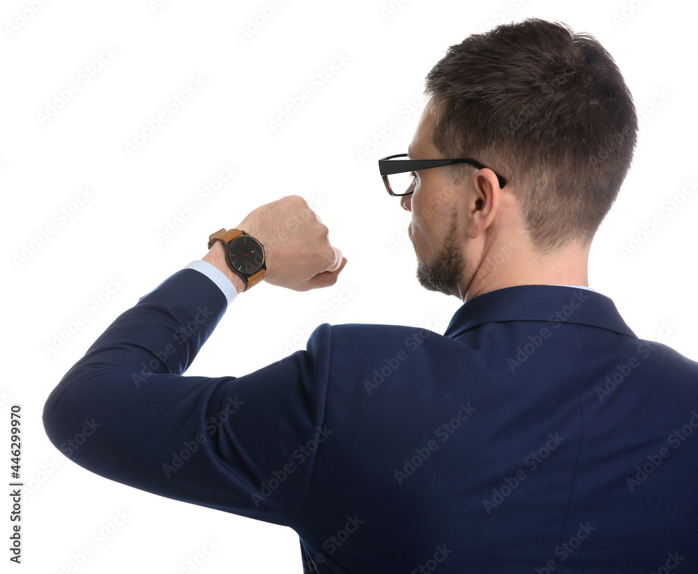 Businessman looking at wristwatch on white background. Time management Businessman looking at wristwatch on white background. Time management